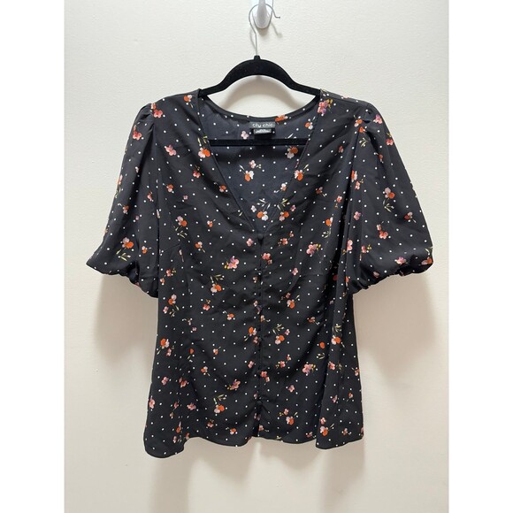 City Chic Black Floral Polka Dot Puff Sleeve‎ Button-Front Blouse XS/14 - Picture 1 of 5